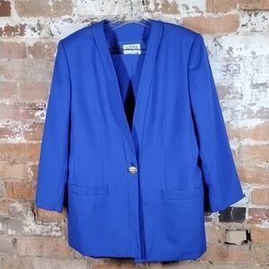Valerie Stevens Wool Crepe Blazer Skirt Suit Royal Blue S 12 Gold Button Vintage